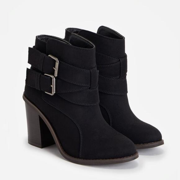 JustFab 6 Branlee Boot Black Vegan Suede Ankle Bootie Shootie Block Heel Buckles - Picture 1 of 10